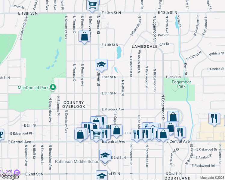 map of restaurants, bars, coffee shops, grocery stores, and more near 910 Harding Street in Wichita