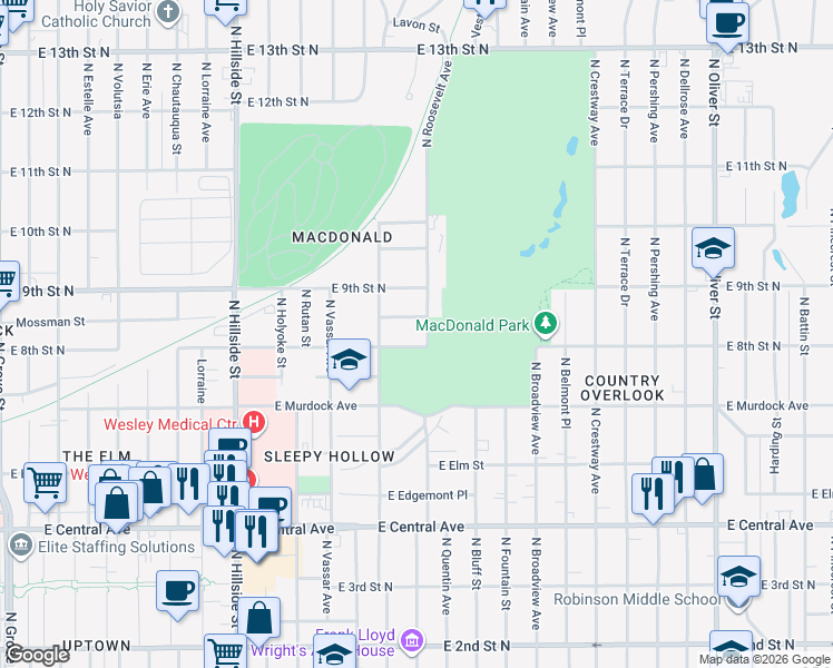 map of restaurants, bars, coffee shops, grocery stores, and more near 3644 Country Club Place in Wichita