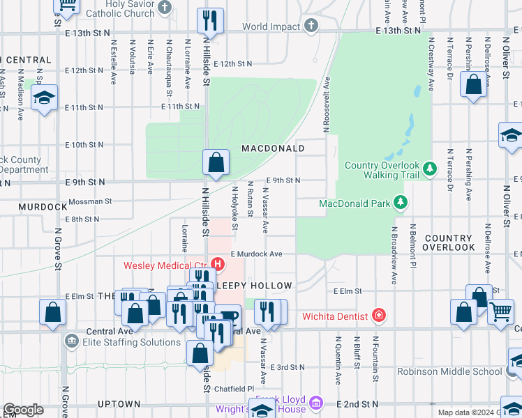 map of restaurants, bars, coffee shops, grocery stores, and more near 3336 Country Club Place in Wichita