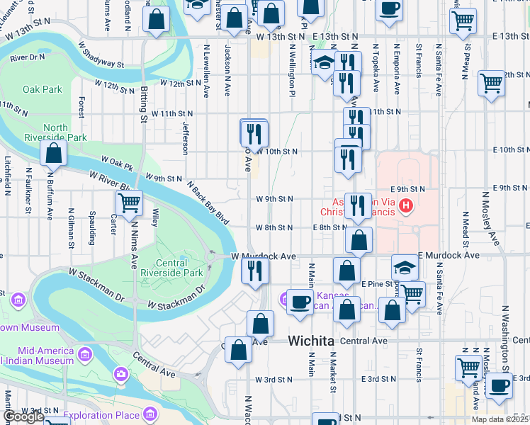 map of restaurants, bars, coffee shops, grocery stores, and more near 900 North Waco Avenue in Wichita