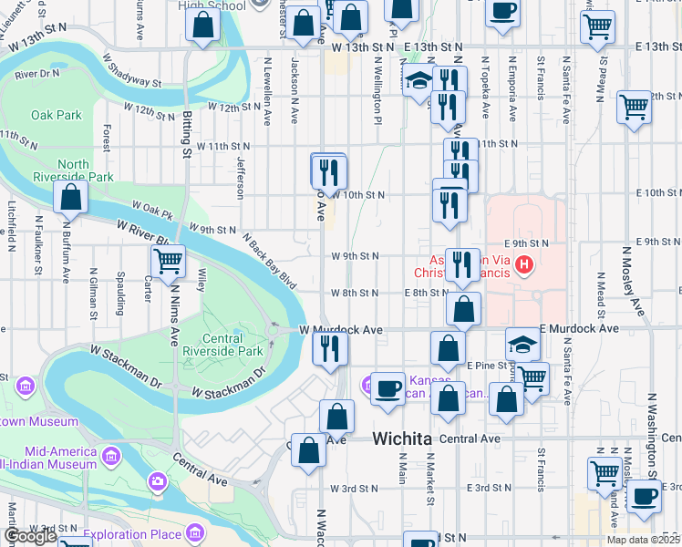 map of restaurants, bars, coffee shops, grocery stores, and more near 900 North Waco Avenue in Wichita