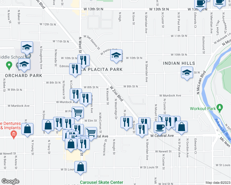 map of restaurants, bars, coffee shops, grocery stores, and more near W Zoo Blvd & N Westridge Dr in Wichita