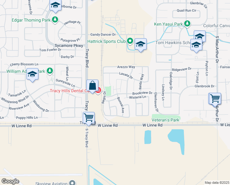 map of restaurants, bars, coffee shops, grocery stores, and more near 4384 Lennox Lane in Tracy