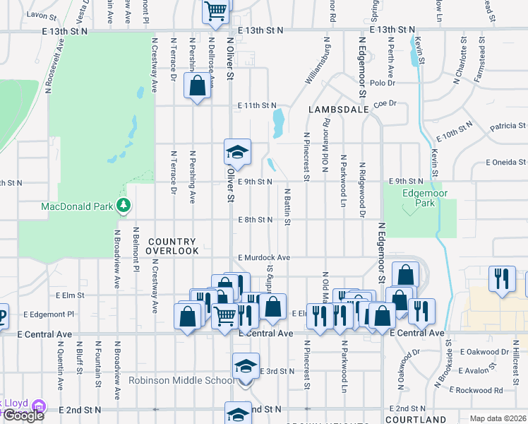 map of restaurants, bars, coffee shops, grocery stores, and more near 910 Harding Street in Wichita
