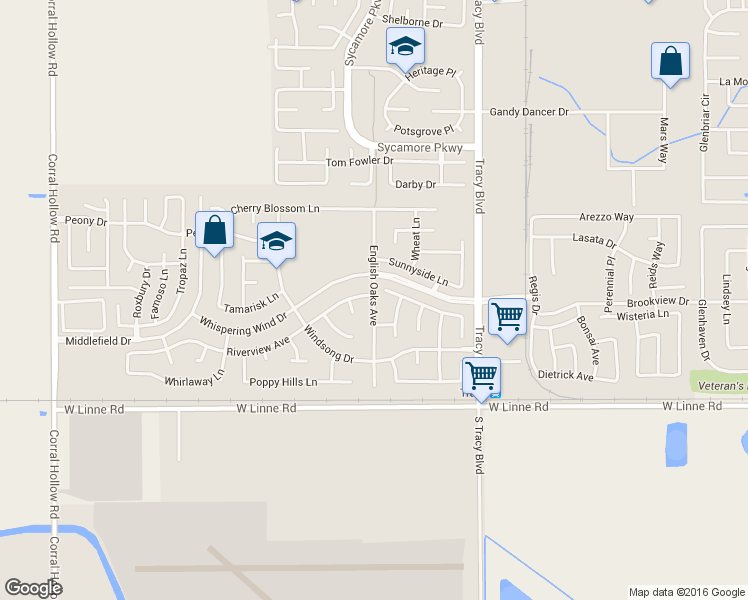 map of restaurants, bars, coffee shops, grocery stores, and more near 3137 English Oaks Avenue in Tracy