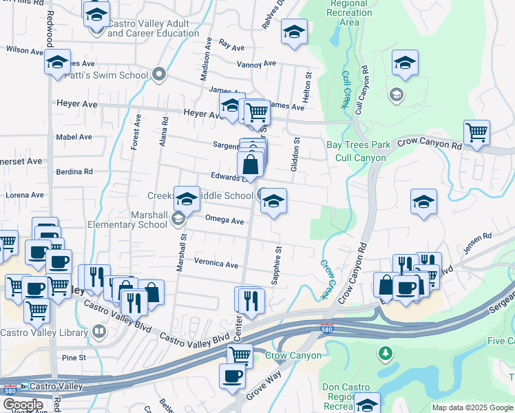 map of restaurants, bars, coffee shops, grocery stores, and more near 19722 Center Street in Castro Valley