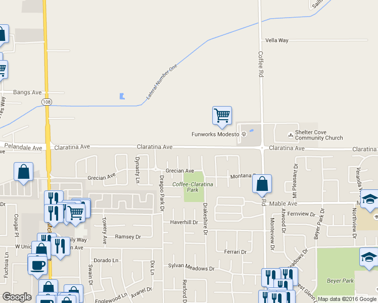 map of restaurants, bars, coffee shops, grocery stores, and more near 4228 Riggins Court in Modesto