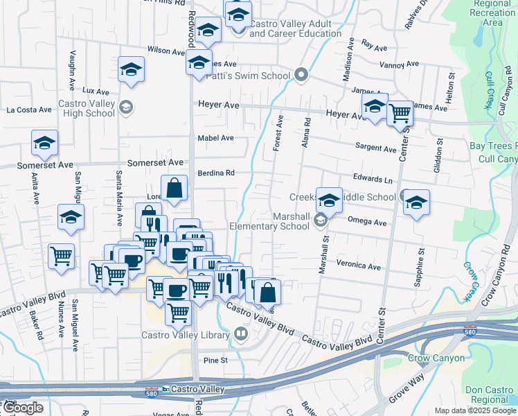 map of restaurants, bars, coffee shops, grocery stores, and more near 19998 Meadowlark Drive in Castro Valley