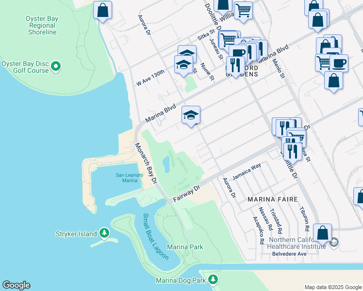 map of restaurants, bars, coffee shops, grocery stores, and more near 2600 West Ave 134th in San Leandro