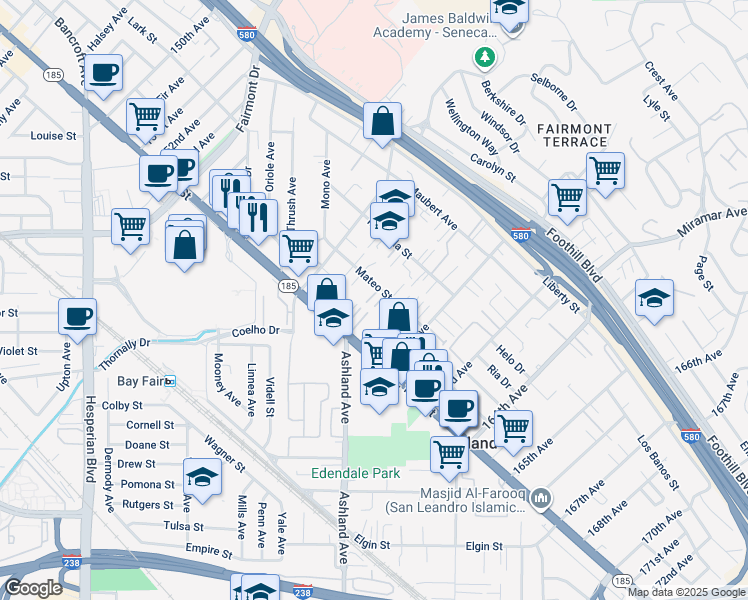 map of restaurants, bars, coffee shops, grocery stores, and more near 16005 Mateo Street in San Leandro