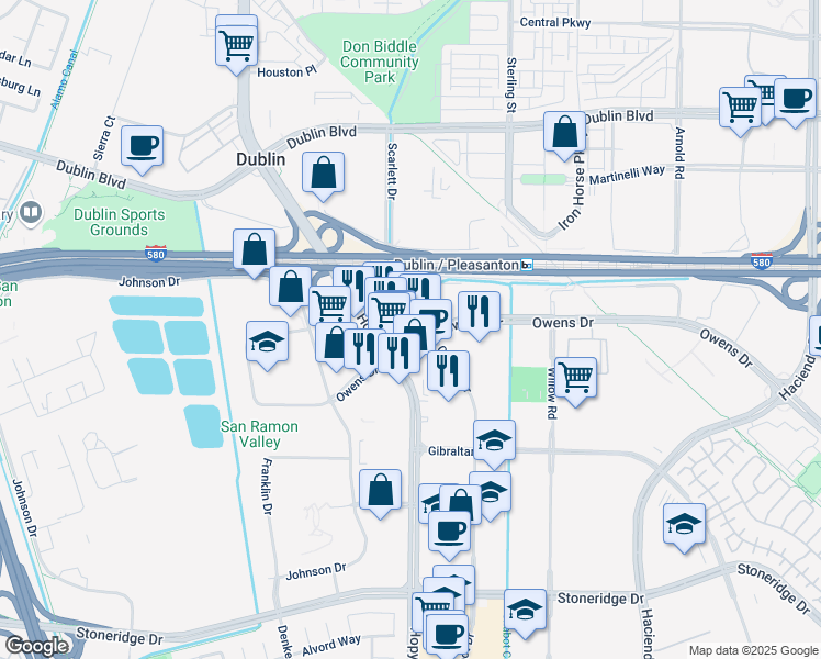 map of restaurants, bars, coffee shops, grocery stores, and more near 5901 Owens Drive in Pleasanton