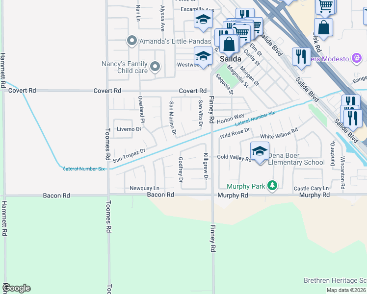 map of restaurants, bars, coffee shops, grocery stores, and more near 5137 Almsbury Drive in Salida
