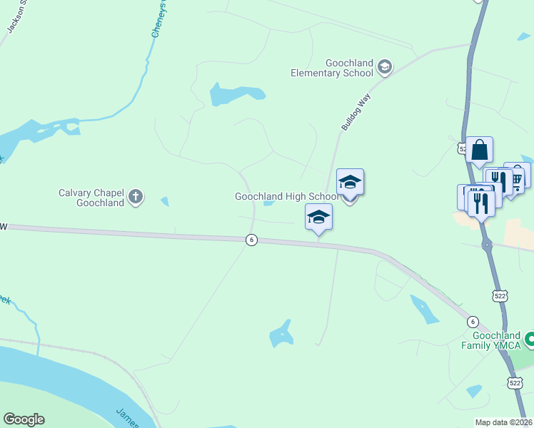 map of restaurants, bars, coffee shops, grocery stores, and more near 3266 Bayberry Lane in Goochland