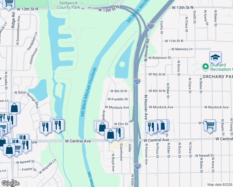 map of restaurants, bars, coffee shops, grocery stores, and more near 5819 West 8th Street North in Wichita