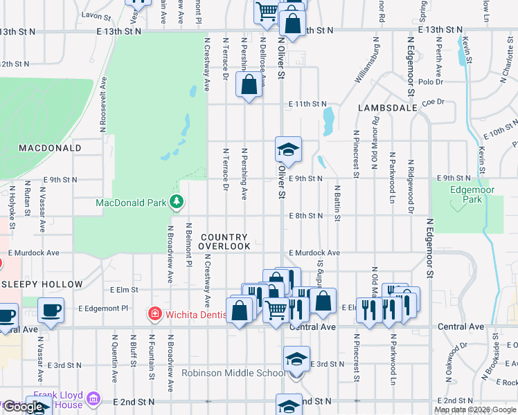 map of restaurants, bars, coffee shops, grocery stores, and more near 911 Dellrose in Wichita