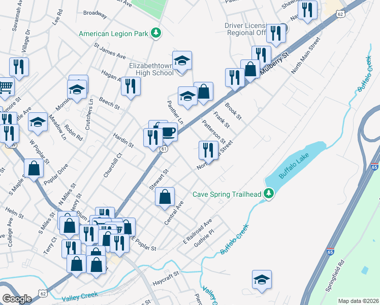 map of restaurants, bars, coffee shops, grocery stores, and more near 113 West Williams Street in Elizabethtown