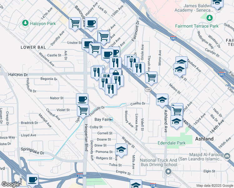 map of restaurants, bars, coffee shops, grocery stores, and more near 15555 East 14th Street in San Leandro