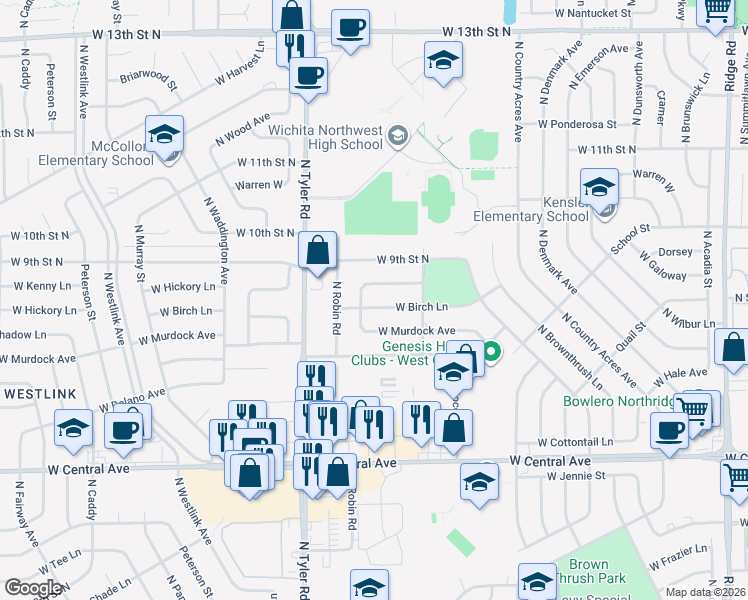 map of restaurants, bars, coffee shops, grocery stores, and more near 8516 West Birch Lane in Wichita