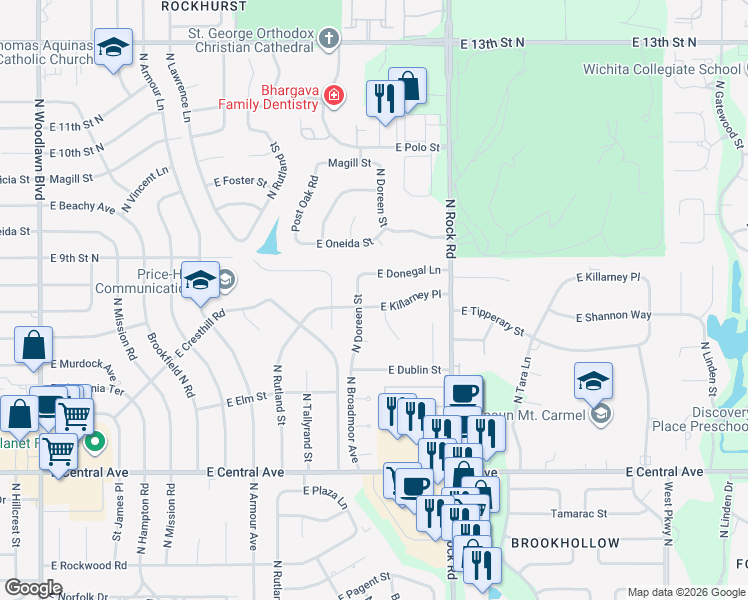 map of restaurants, bars, coffee shops, grocery stores, and more near 7622 East Killarney Place in Wichita