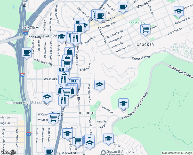 map of restaurants, bars, coffee shops, grocery stores, and more near 79 Lausanne Avenue in Daly City