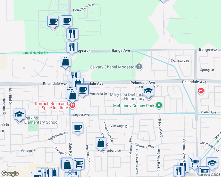 map of restaurants, bars, coffee shops, grocery stores, and more near 2704 Mira Vista Drive in Modesto