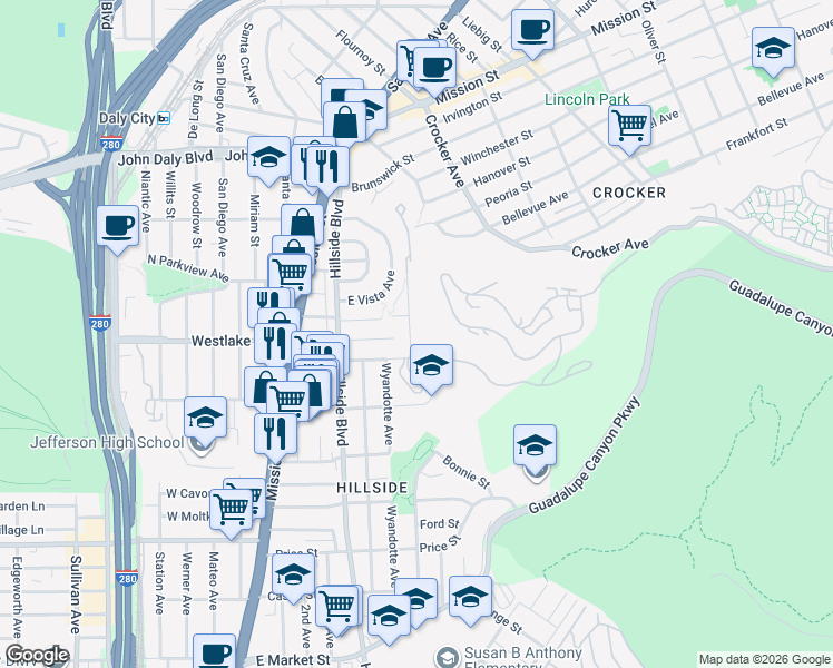 map of restaurants, bars, coffee shops, grocery stores, and more near 79 Lausanne Avenue in Daly City