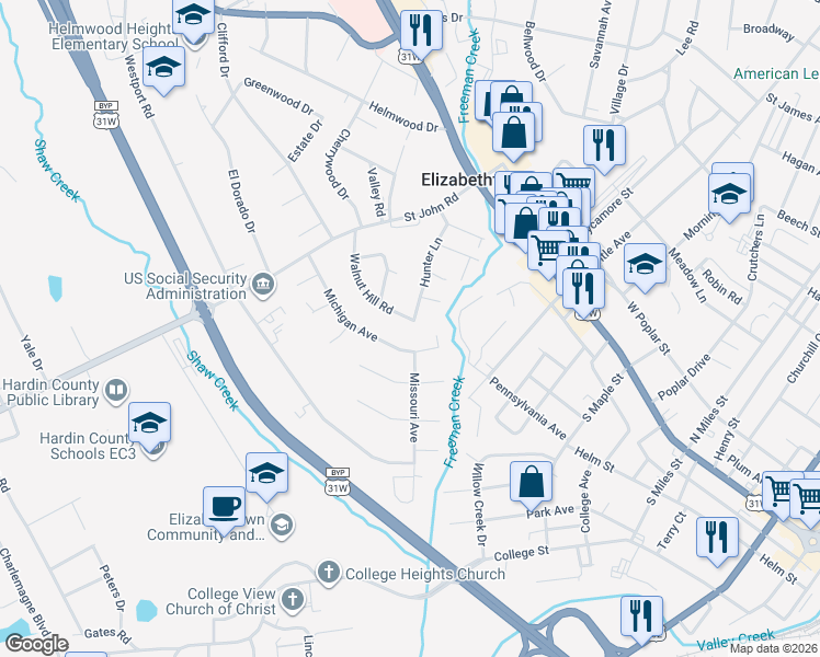 map of restaurants, bars, coffee shops, grocery stores, and more near 574 Walnut Hill Road in Elizabethtown