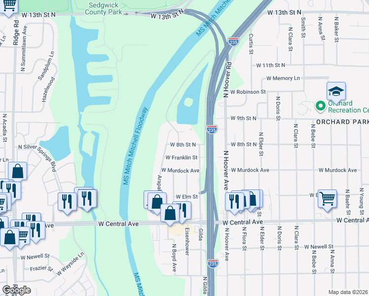 map of restaurants, bars, coffee shops, grocery stores, and more near 5819 West 8th Street North in Wichita