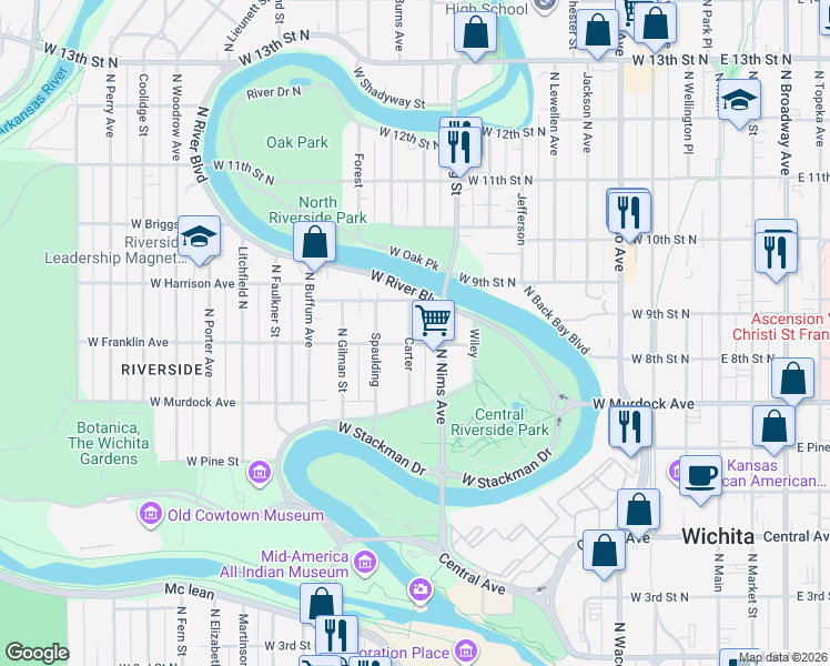 map of restaurants, bars, coffee shops, grocery stores, and more near 928 Carter in Wichita