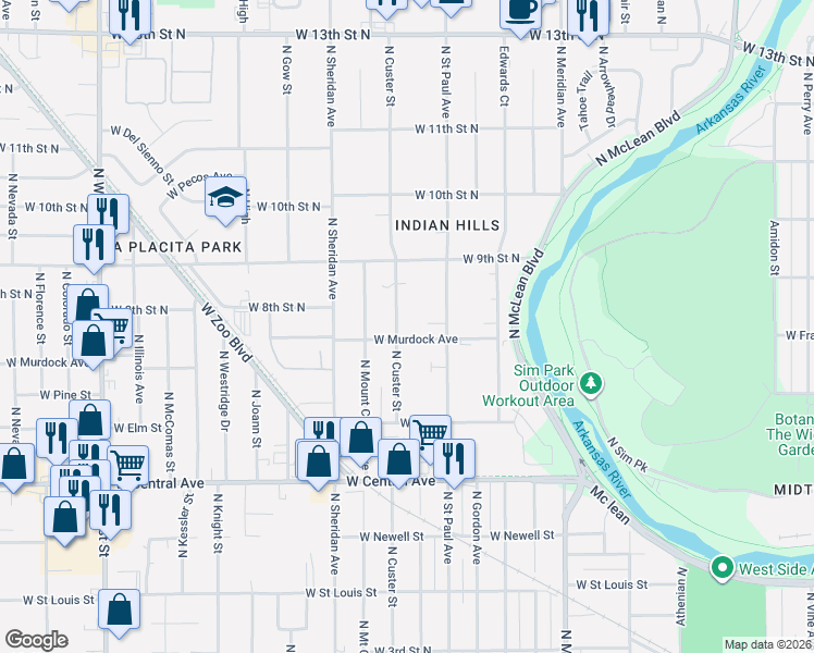 map of restaurants, bars, coffee shops, grocery stores, and more near 2930 W Murdock St in Wichita