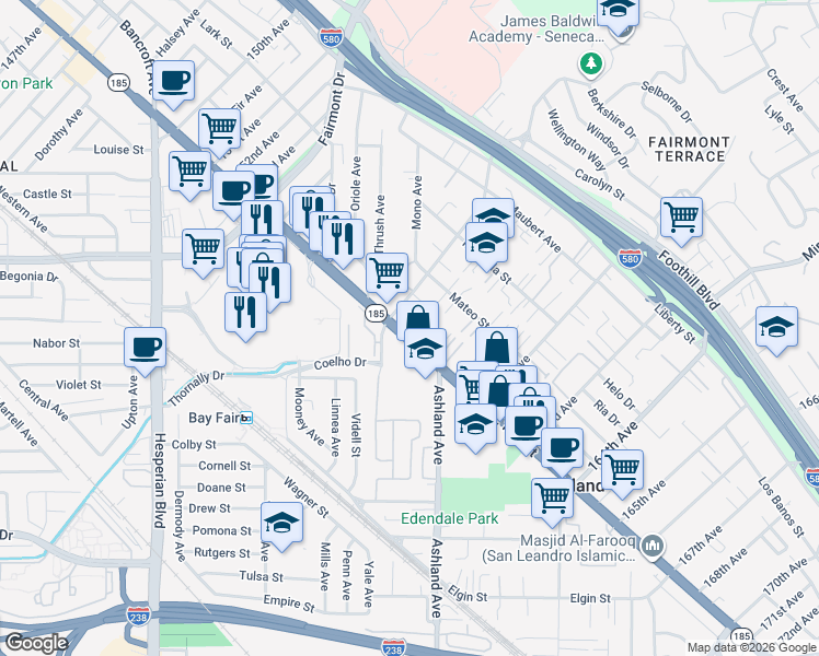 map of restaurants, bars, coffee shops, grocery stores, and more near 15956 East 14th Street in San Leandro