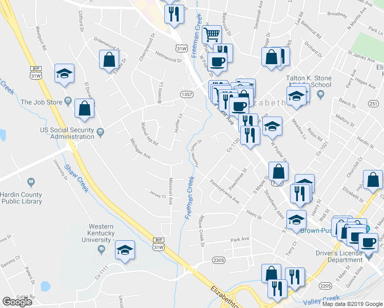 map of restaurants, bars, coffee shops, grocery stores, and more near 103 Freeman Green Drive in Elizabethtown