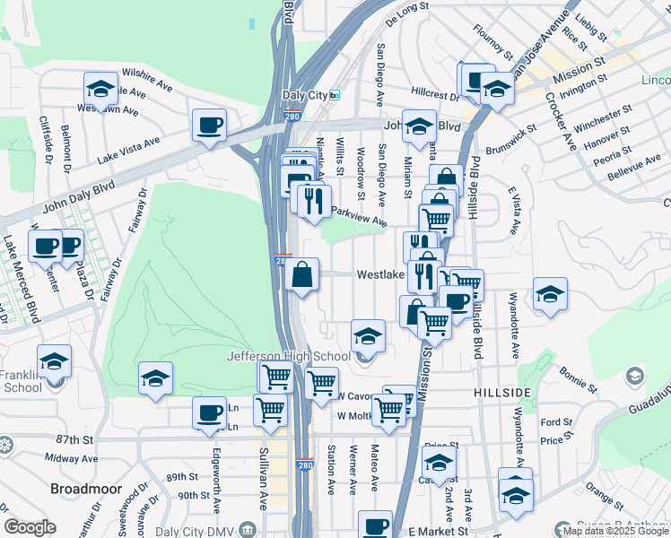 map of restaurants, bars, coffee shops, grocery stores, and more near 498 Westlake Avenue in Daly City