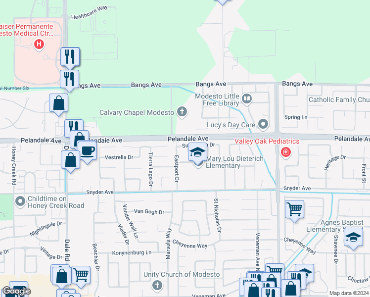 map of restaurants, bars, coffee shops, grocery stores, and more near 4117 Spring Mountain Court in Modesto