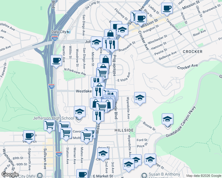 map of restaurants, bars, coffee shops, grocery stores, and more near 59 Eastlake Avenue in Daly City