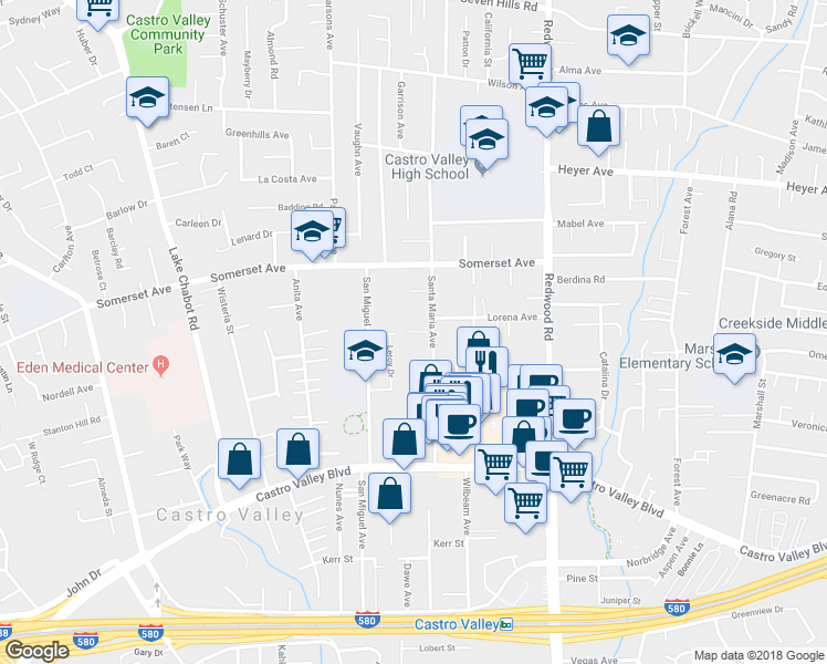 map of restaurants, bars, coffee shops, grocery stores, and more near 20053 Santa Maria Avenue in Castro Valley