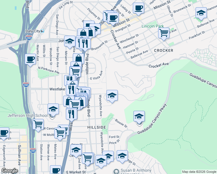 map of restaurants, bars, coffee shops, grocery stores, and more near 85 Lausanne Avenue in Daly City