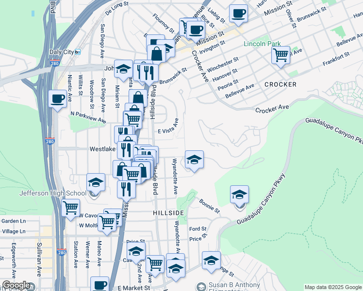 map of restaurants, bars, coffee shops, grocery stores, and more near 178 Tallwood Drive in Daly City