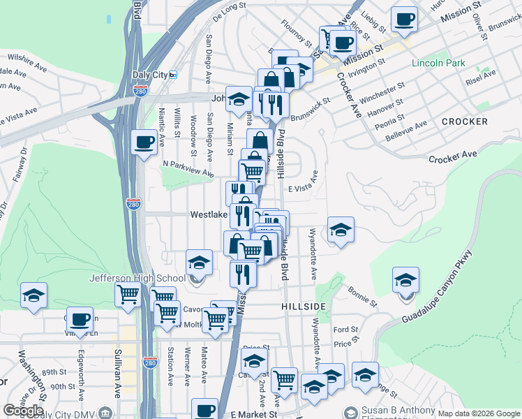 map of restaurants, bars, coffee shops, grocery stores, and more near 41 Eastlake Avenue in Daly City