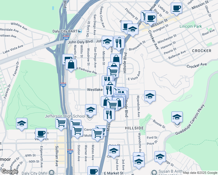 map of restaurants, bars, coffee shops, grocery stores, and more near 85 Westlake Avenue in Daly City