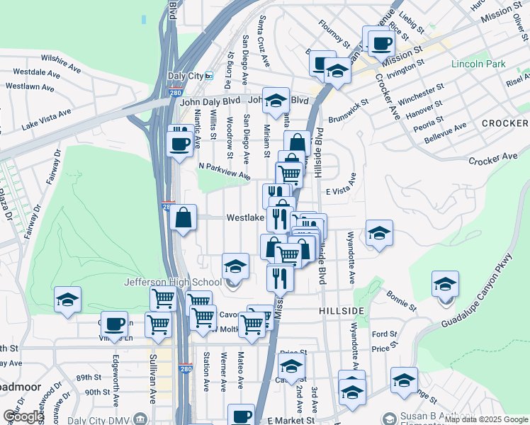map of restaurants, bars, coffee shops, grocery stores, and more near 598 San Diego Avenue in Daly City