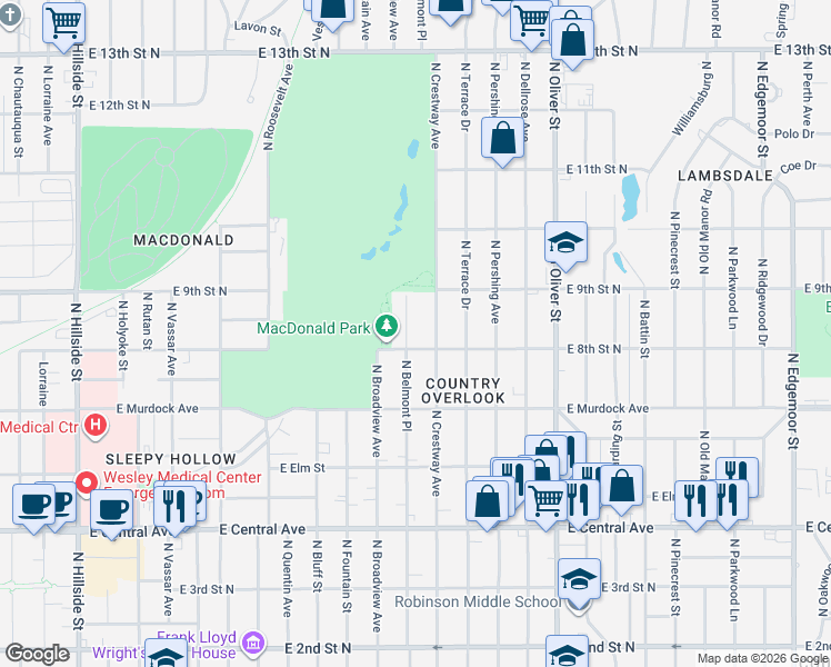 map of restaurants, bars, coffee shops, grocery stores, and more near 907 North Crestway Street in Wichita