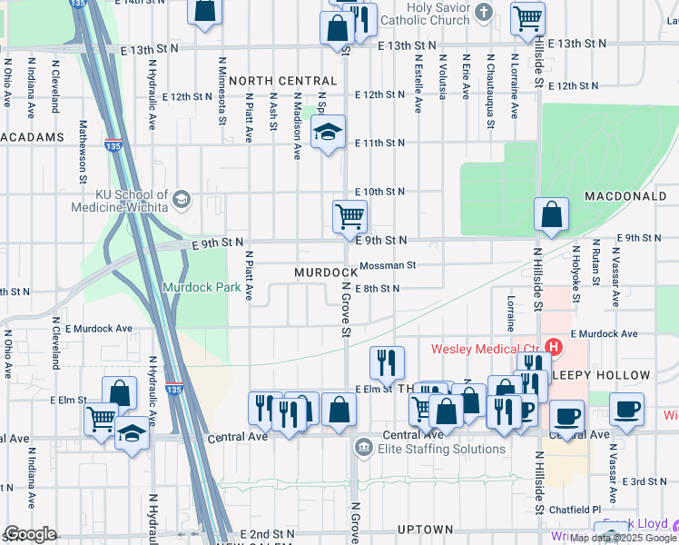 map of restaurants, bars, coffee shops, grocery stores, and more near 912 North Grove Street in Wichita