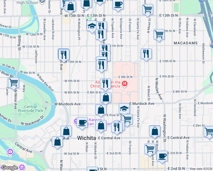 map of restaurants, bars, coffee shops, grocery stores, and more near 918 North Broadway Street in Wichita