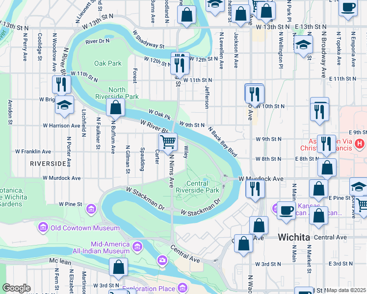 map of restaurants, bars, coffee shops, grocery stores, and more near 818 Franklin Street in Wichita