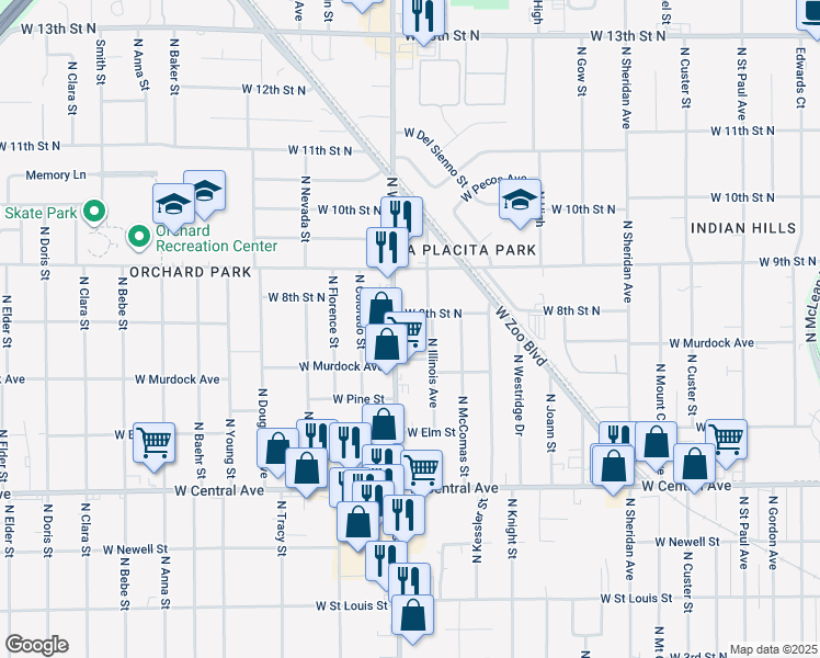 map of restaurants, bars, coffee shops, grocery stores, and more near 808 North West Street in Wichita
