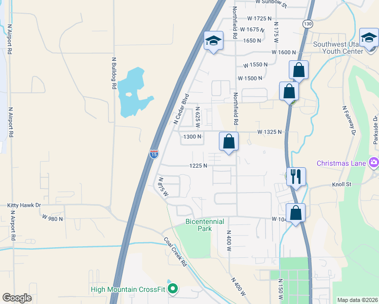 map of restaurants, bars, coffee shops, grocery stores, and more near 1258 North 650 West in Cedar City