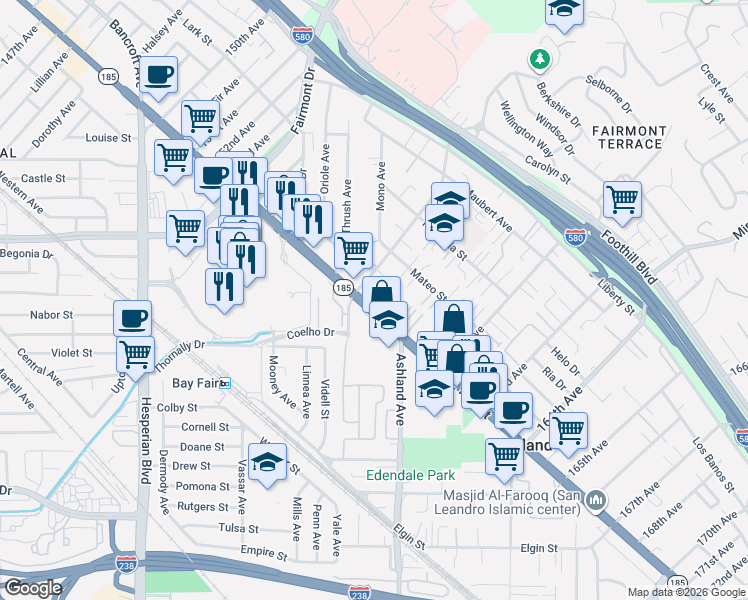 map of restaurants, bars, coffee shops, grocery stores, and more near 15974 East 14th Street in San Leandro