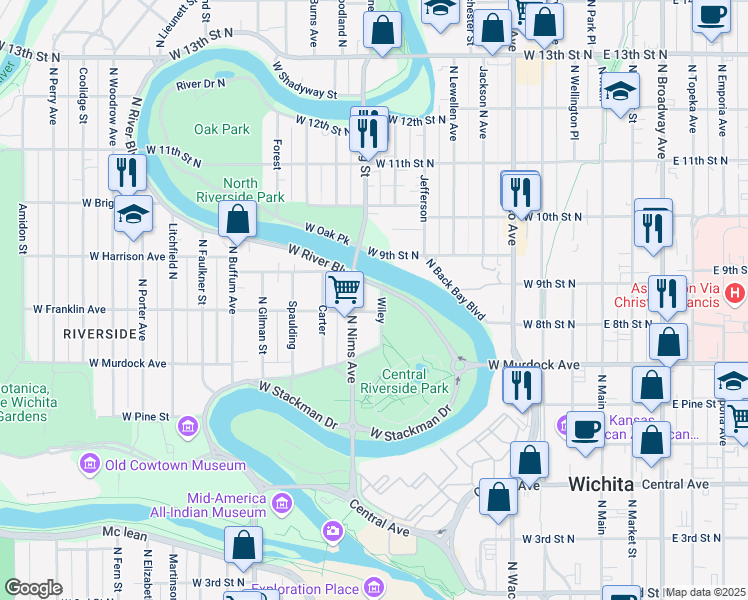 map of restaurants, bars, coffee shops, grocery stores, and more near 818 Franklin Street in Wichita