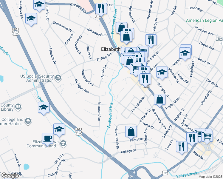 map of restaurants, bars, coffee shops, grocery stores, and more near 107 Freeman Green Drive in Elizabethtown